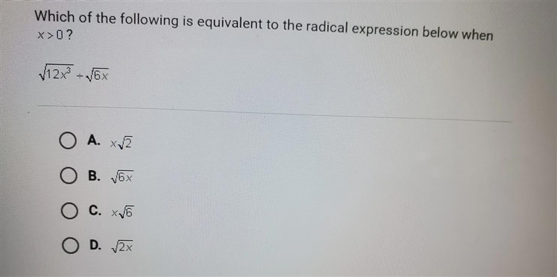 Which of the following is equivalent to the radical expression below when x>0√12x-example-1