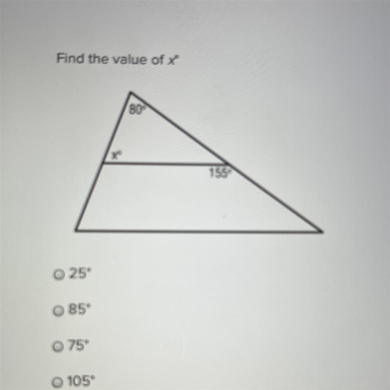 Find the value of x A. 25° B. 85° C. 75° D. 105°-example-1