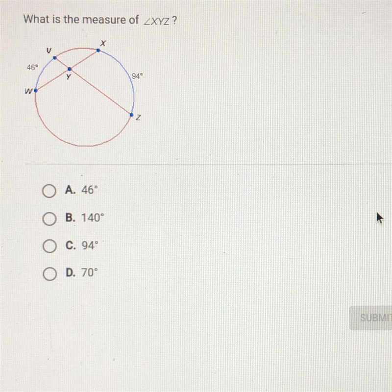 What is the measure of XYZ? 46° 94° a. 46° b. 140° c. 94° d. 70°-example-1