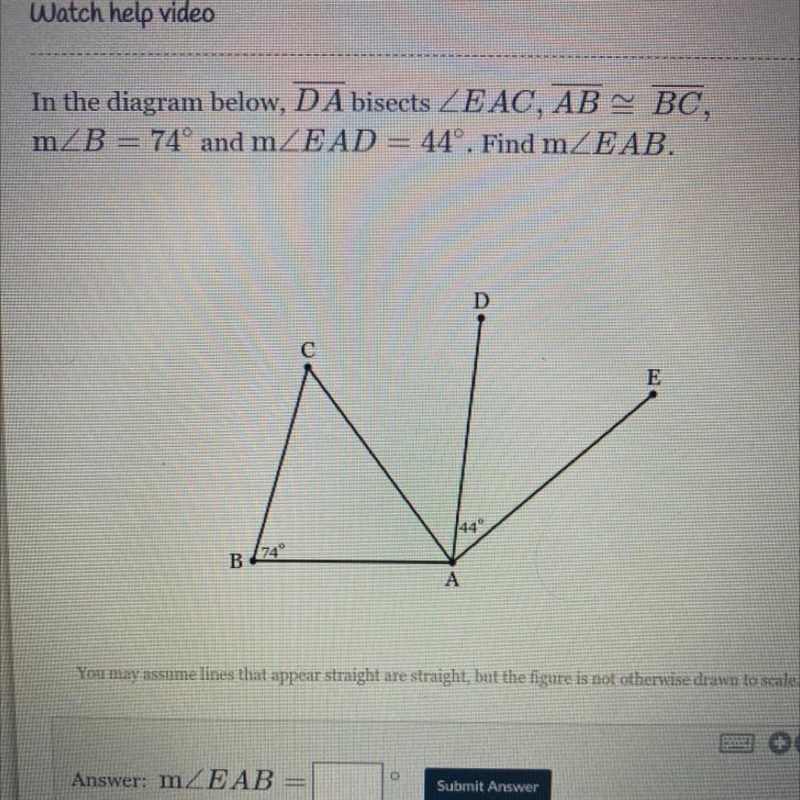 Line DA bisects angle EAC, line AB is congruent to line BC, measure of angle B is-example-1