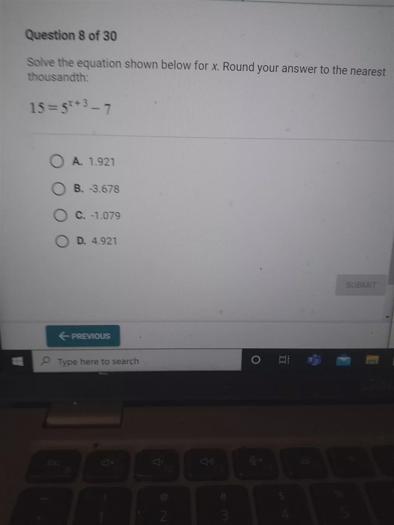 Solve the equation shown below for x. Round your answer to the nearest thousandth-example-1