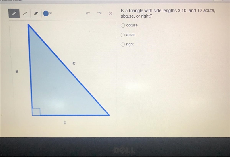 Is a triangle with side lengths 3,10, and 12 acute,obtuse, or right?obtuseO acuteOrightСa-example-1