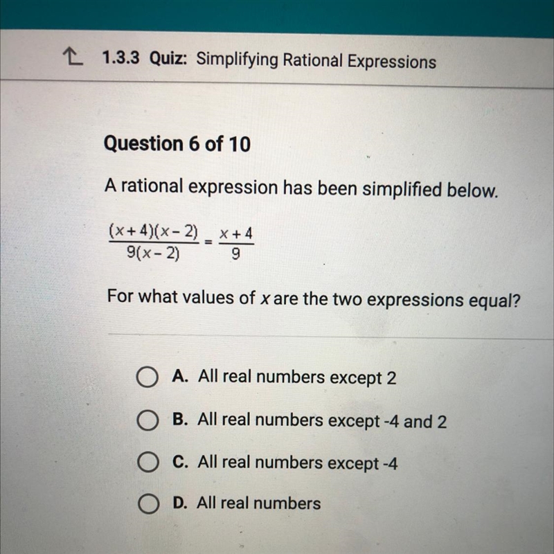 A rational expression has been simplified below,(x + 4)(x-2).x+49(x - 2) 9For what-example-1