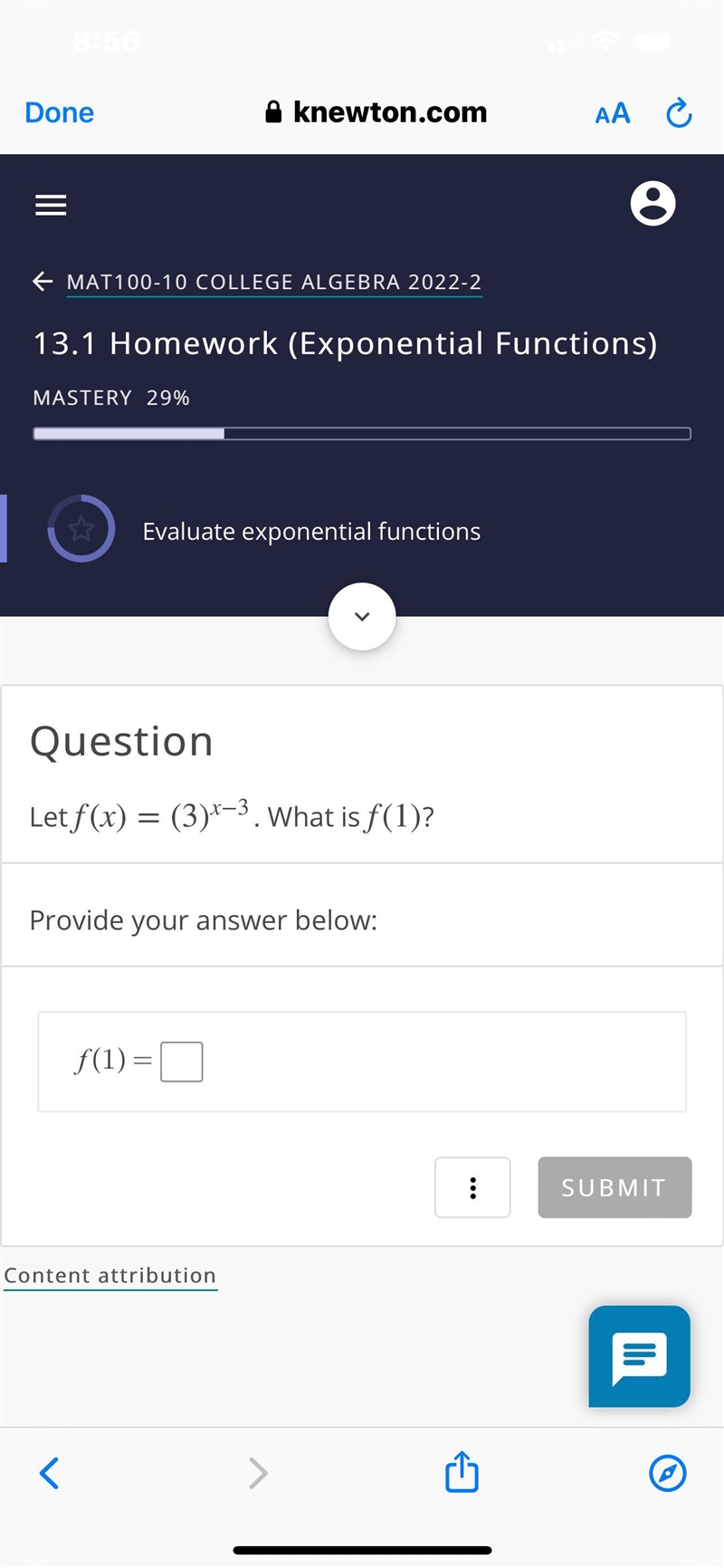 QuestionLet f(x) = (3)x-3. What is f(1)?Provide your answer below:ƒ(1) =-example-1