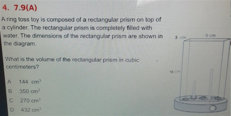 A ring toss toy is composed of a rectangular prism on top of a cylinder. The rectangular-example-1