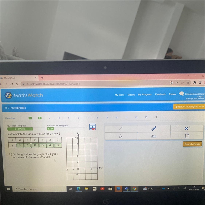 B) On the grid draw the graph of x+y=6 for values of c between -2 and 3-example-1