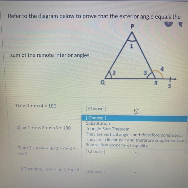 Refer to the diagram below to prove that the exterior angle equals the-example-1