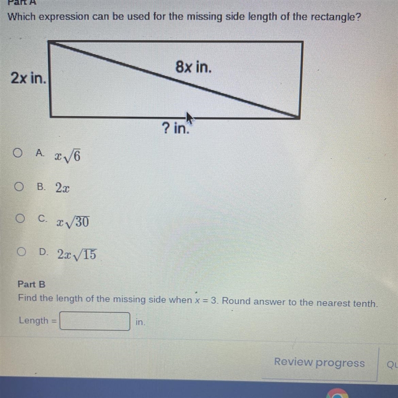 Part A Which expression can be used for the missing side length of the rectangle? Part-example-1