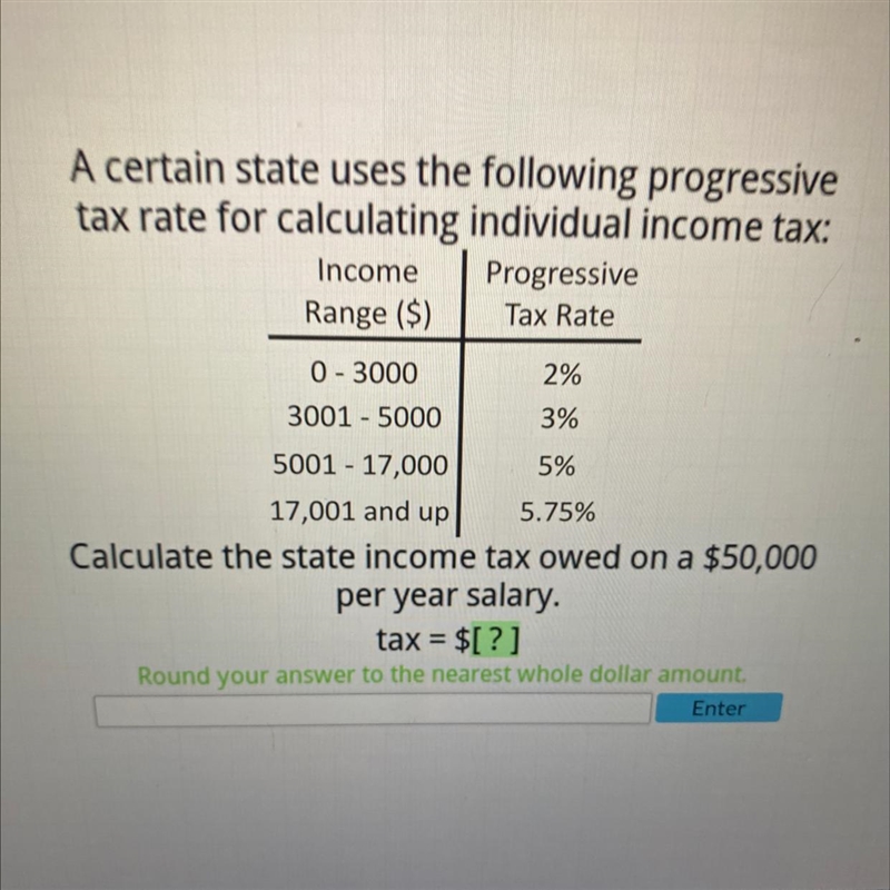 BUSINESS MATH calculate the state income tax owed on a 50,000 per year salary-example-1