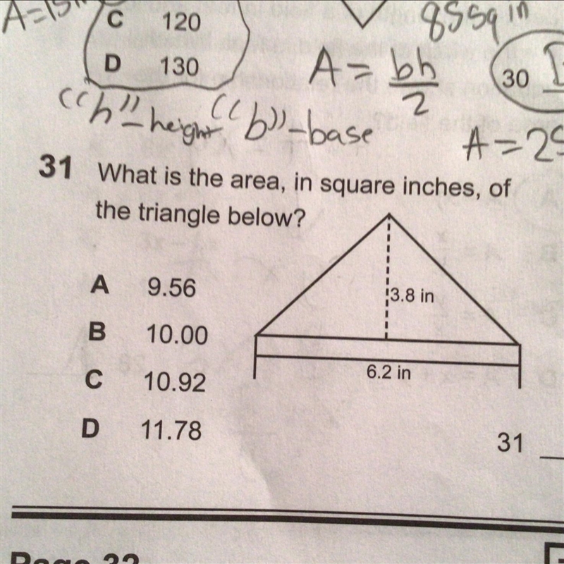 What is the area in square inches of the triangle below-example-1