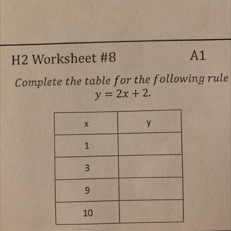 H2 Worksheet #8 Complete the table for the following rule y = 2x + 2. X 1 3 9 10 y-example-1