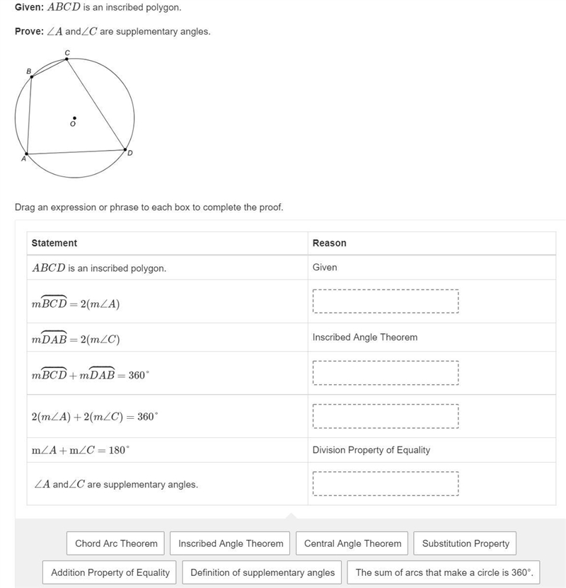 Given: ABCD is an inscribed polygon.Prove: ∠A and∠C are supplementary angles.Figure-example-1