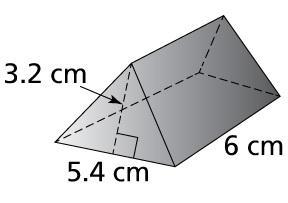 What is the volume of the triangular prism?Options8.64 cm³17.28 cm³51.84 cm³103.68 cm-example-1