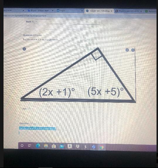 Find the value of x' in the triangle below.(2x +1) (5x +5) other angle is 90 degrees-example-1