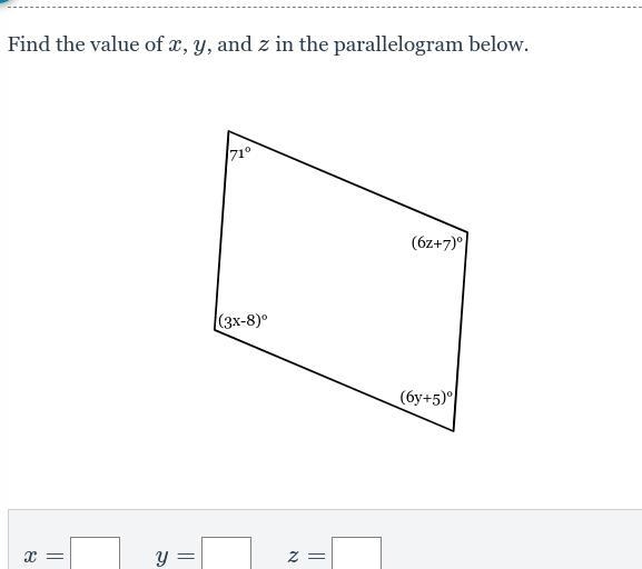 Find the value of xx, y, and z in the parallelogram below-example-1