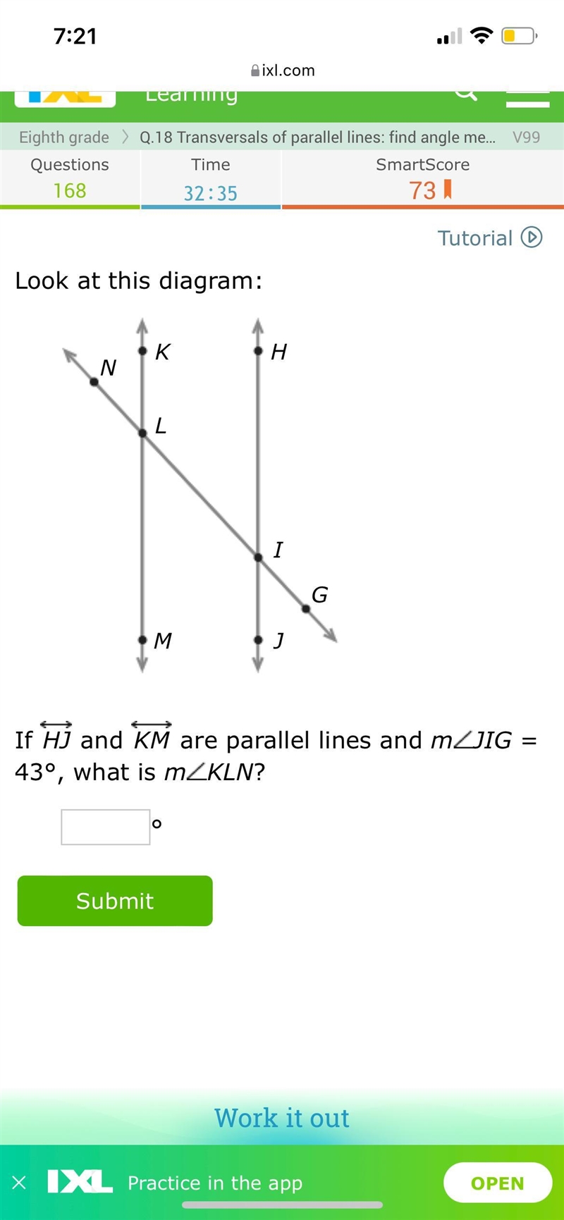 Look at this diagram: GHIJKLMNIf HJ and KM are parallel lines and mJIG = 43°, what-example-1