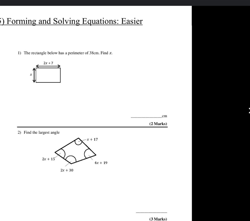 1) The rectangle below has a perimeter of 38cm. Find x. X 2x + 7 2) Find the largest-example-1