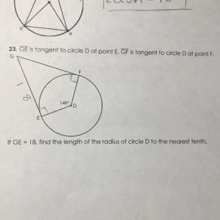 Question 23 Ge is a tangent to circle D at point E. GF is tangent to circle D at point-example-1