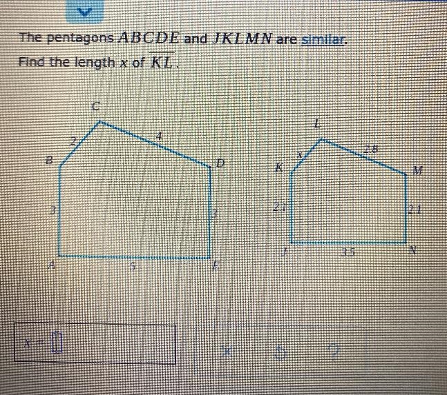 The pentagons ABCDE and JKLMN are similar.Find the length x of KL.сL42.8BDKM32.1332.1J-example-1