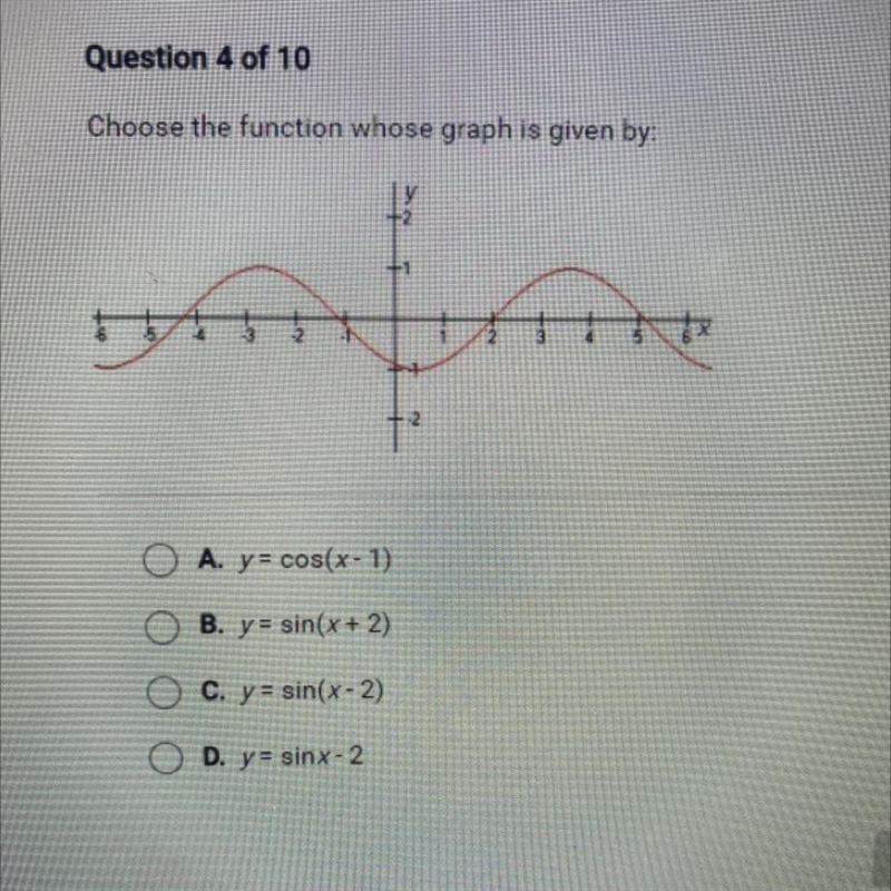 Choose the function whose graph is given by: 5 OA. y= cos(x-1) OB. y= sin(x+2) OC-example-1