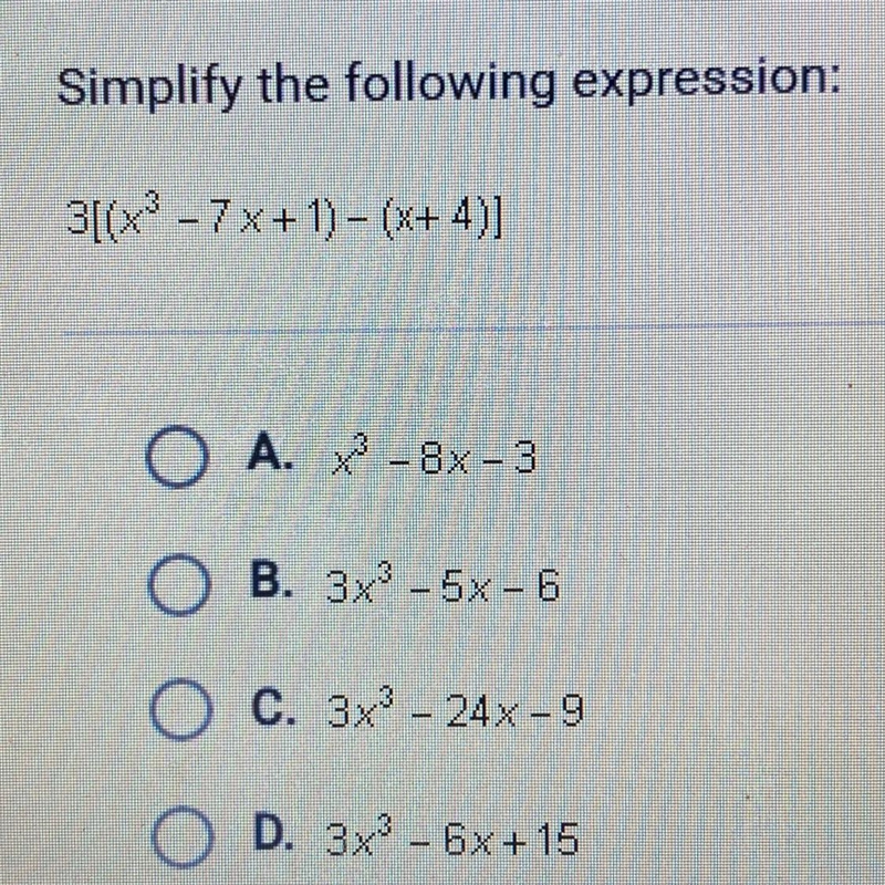 Simplify the following expression: 3[(x3 - 7x+ 1) - (x+ 4)]-example-1