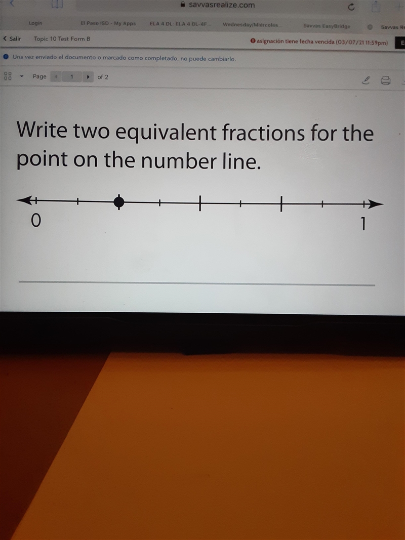 Write two equivalent fractions for the point on the number line.-example-1