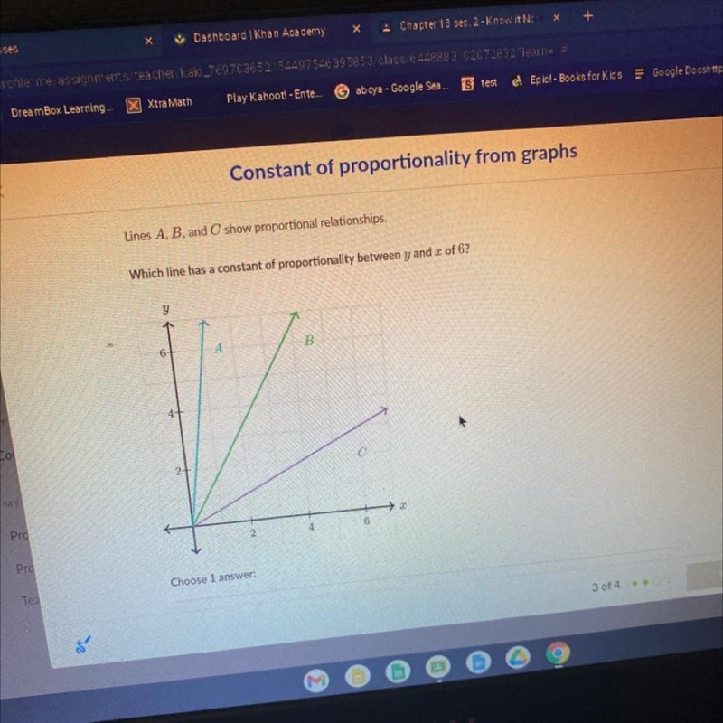 Which line has a constant of proportionality between Y and x of six-example-1