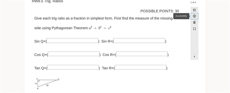 Give each trig ratio as a fraction in simplest form. First find the measure of the-example-1