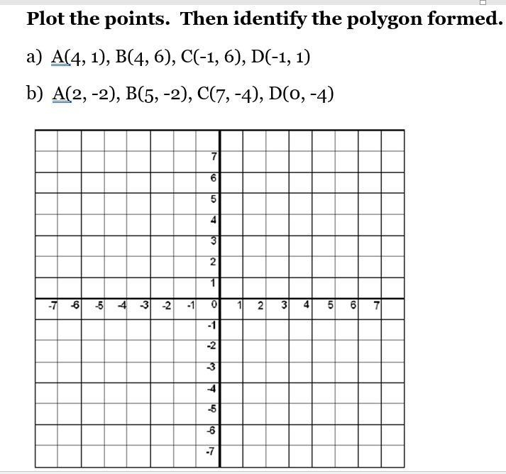 Plot the points. Then identify the polygon formed.a) A(4, 1), B(4, 6), C(-1, 6), D-example-1