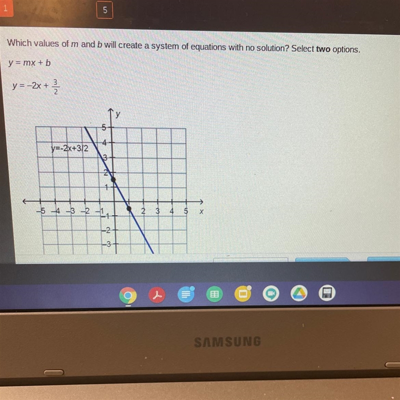 Which two values of m and b will create a system of equations with no solution-example-1