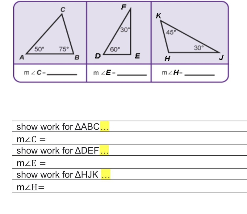 Find the missing angle measure in each triangle. classify if these triangles are acute-example-1