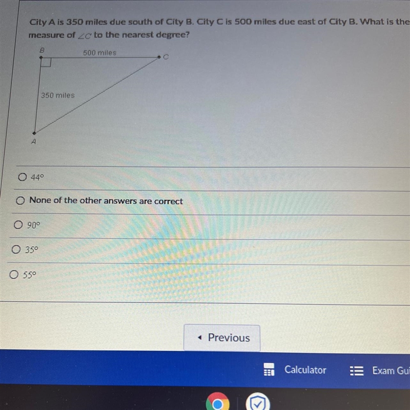 City A is 350 miles due south of City B. City C is 500 miles due east of City B. What-example-1