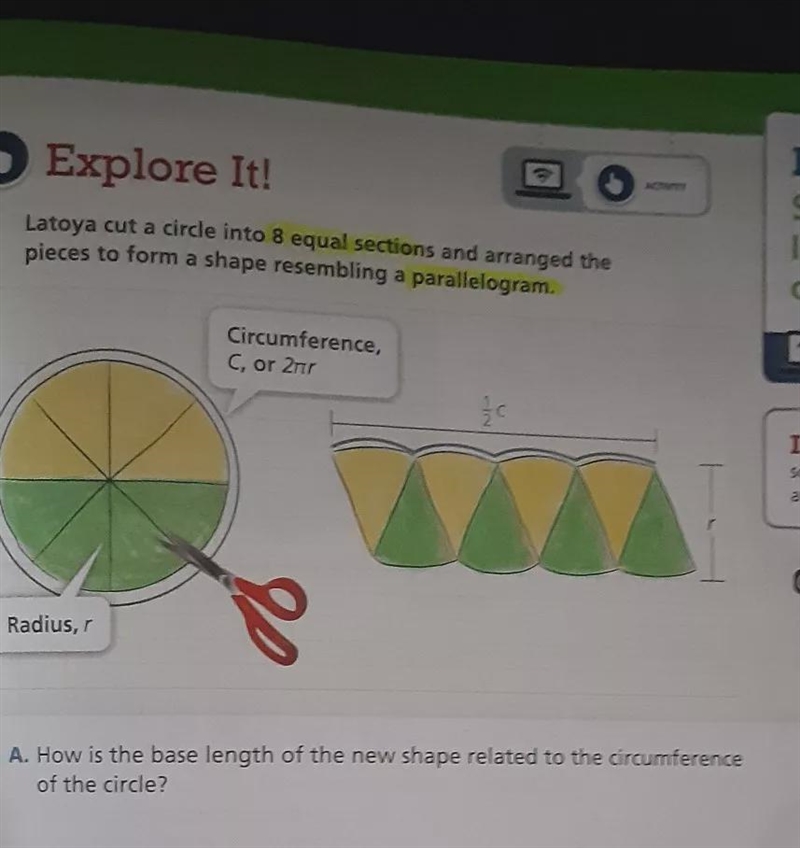 Latoya cut a circle into & equal sections and arranged the pieces to form a shape-example-1