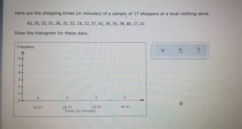 Draw the histogram for these data.43, 26, 25, 31, 36, 33, 32, 24, 22, 37, 42, 39, 35, 38, 40, 27, 41Here-example-1