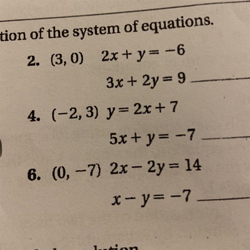 solution of the system of equations.2. (3, 0) 2x+y=-63x + 2y = 94. (-2,3) y =2x+75x-example-1