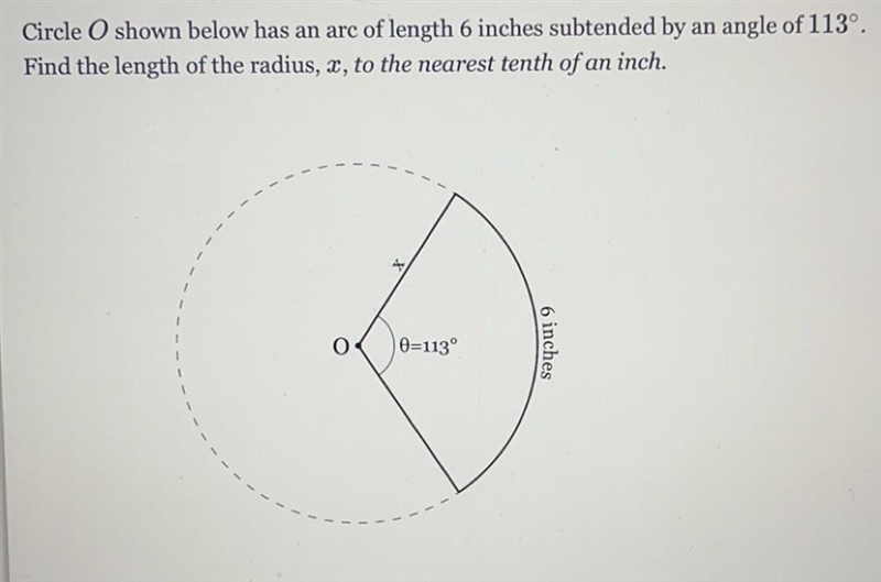 Circle O shown below has an are of length 6 inches subtended by an angle of 113°Find-example-1