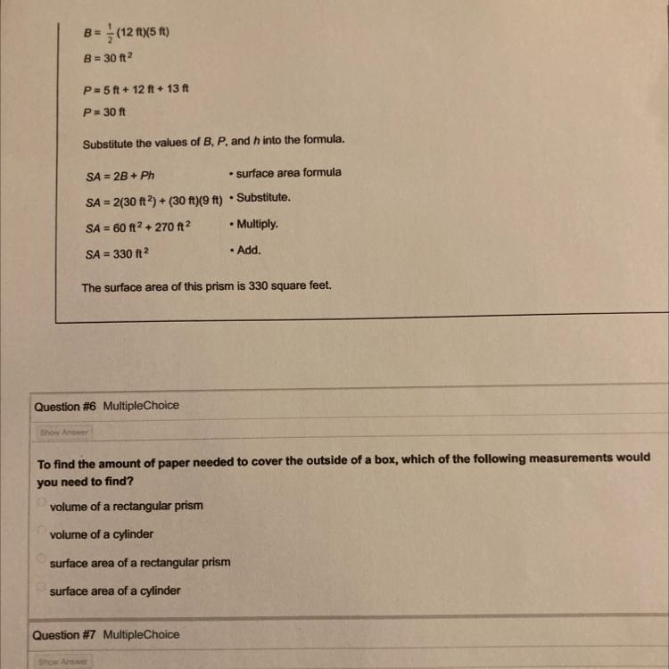 Question #6 MultipleChoice Show Answer To find the amount of paper needed to cover-example-1