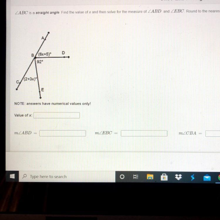 /_ABC is a straight angle. Find the value of x and then solve for the measure of /_ABD-example-1