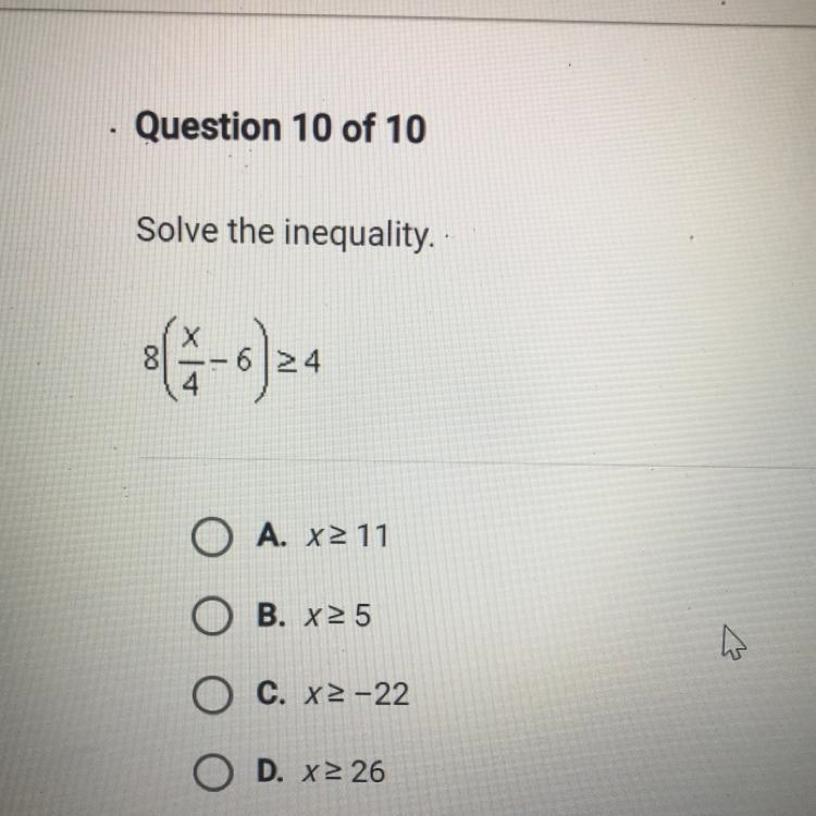 Solve the inequality. 8(x/4-6)>4 [10 points]-example-1