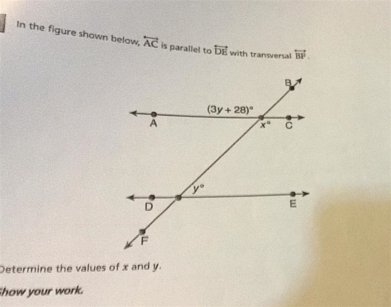 In the figure shown below, AC is parallel to DE with transversal BF Determine the-example-1