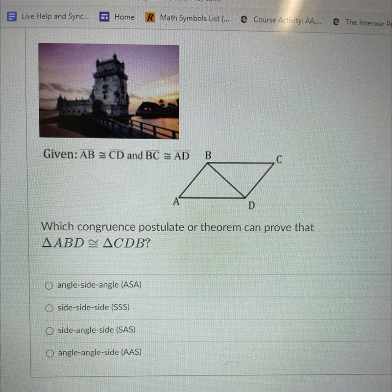 Which congruence postulate or theorem can prove that angle ABD = angle CDB?-example-1