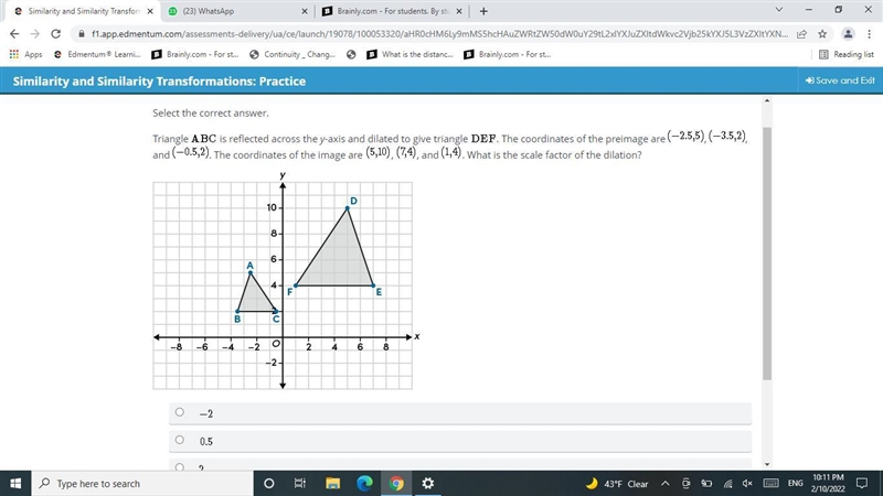 Select the correct answer.Triangle is reflected across the y-axis and dilated to give-example-1