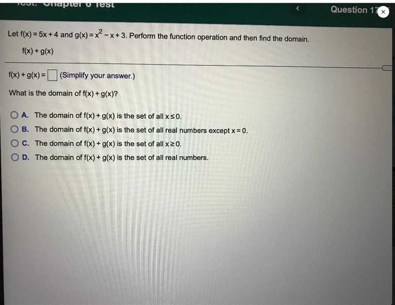 Let f(x)=5x+4 and g(x)=x^2-x+3. Preform the function operation and then find the domain-example-1