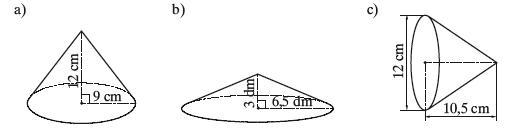 2. Calculate the area and volume of the base of the cone shown (solve only a) )-example-1