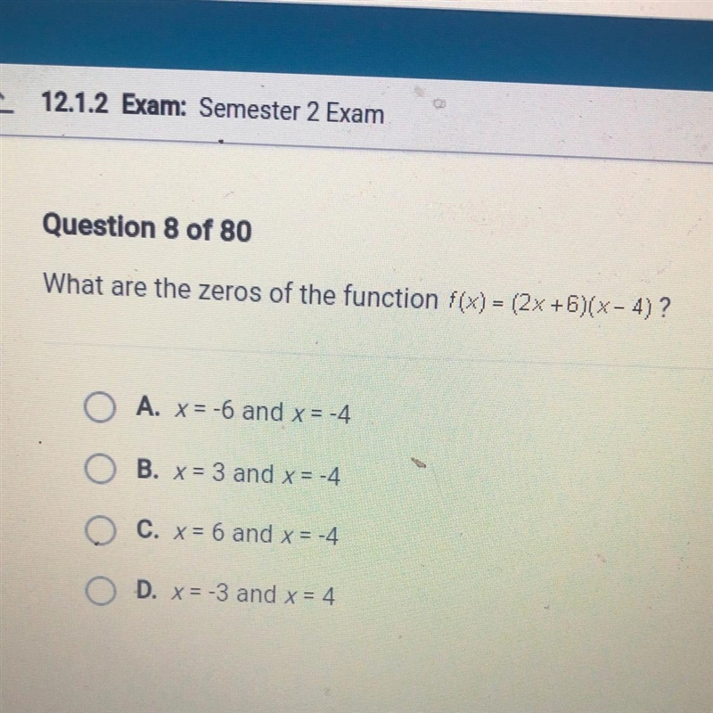 What are the zeros of the function f(x) = (2x +6)(x-4)?-example-1