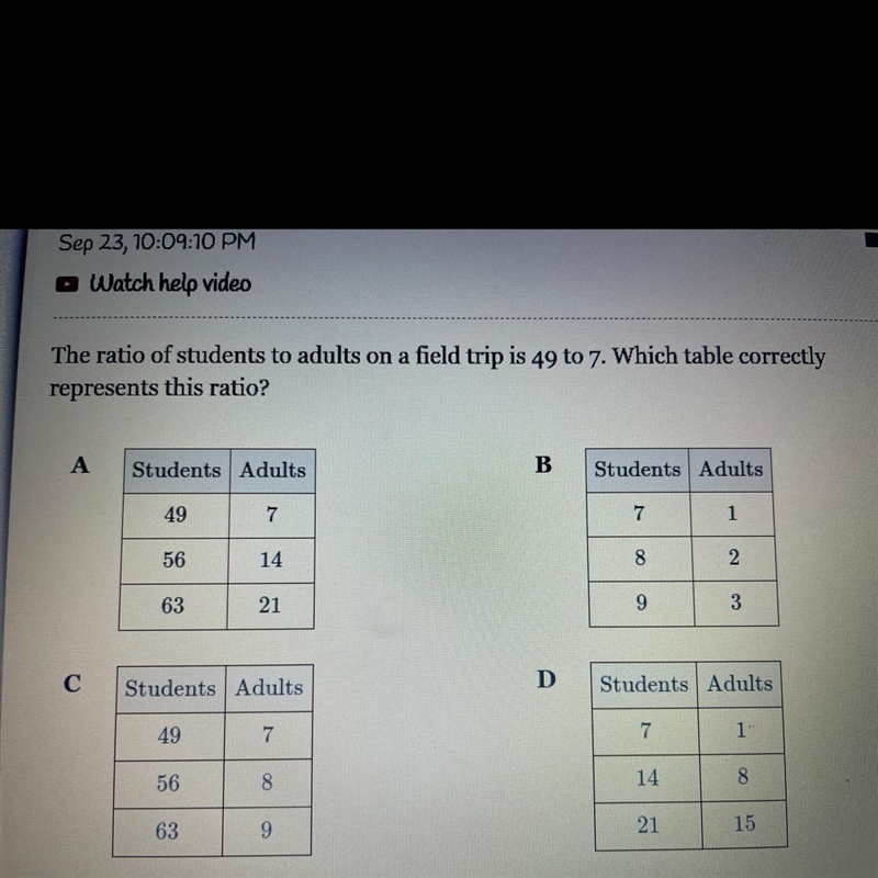 The ratio of students to adults on a field trip is 49 to 7. Which table correctly-example-1