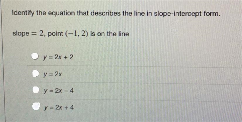 Identify the equation that describes the line in slope-intercept form. slope = 2, point-example-1