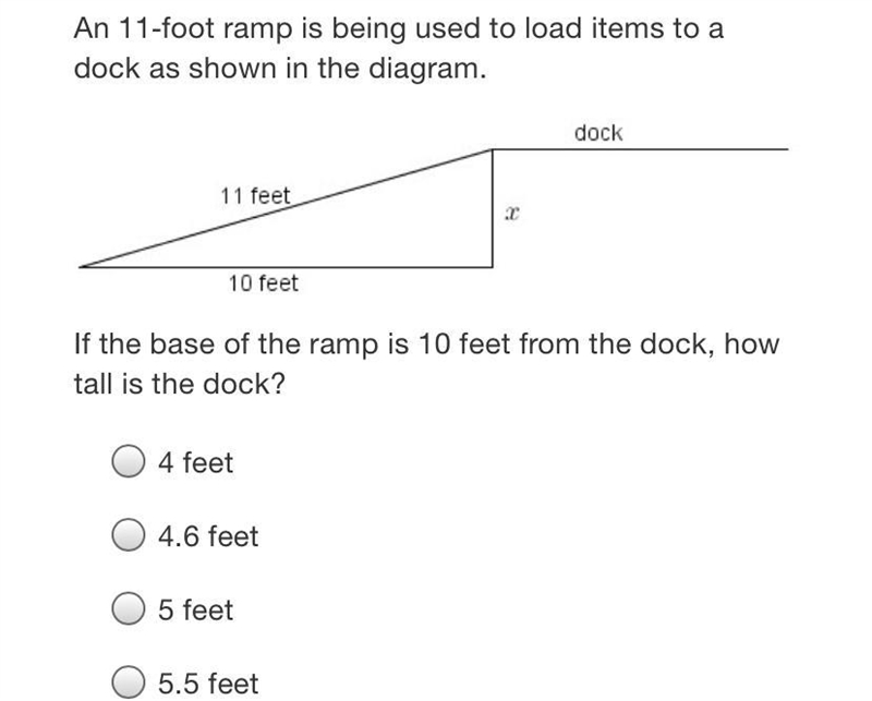 An 11-foot ramp is being used to load items to adock as shown in the diagram.dock-example-1