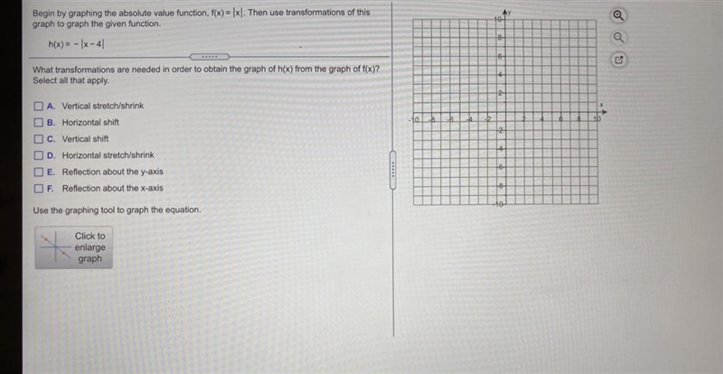 Begin by graphing the absolute value function, f(x)= |x|. Then use transformations-example-1