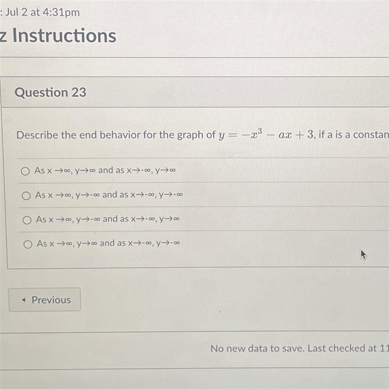 Describe the end behavior for the graph of y=-x³- ax + 3, if a is a constant.-example-1